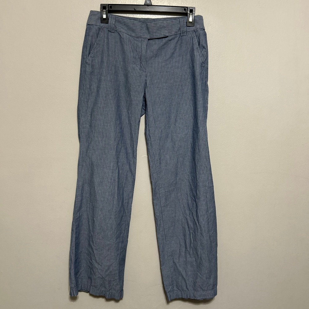 J. Crew Pants 4 Blue White Pinstripe Seersucker Trousers Straight Leg Flare Chic